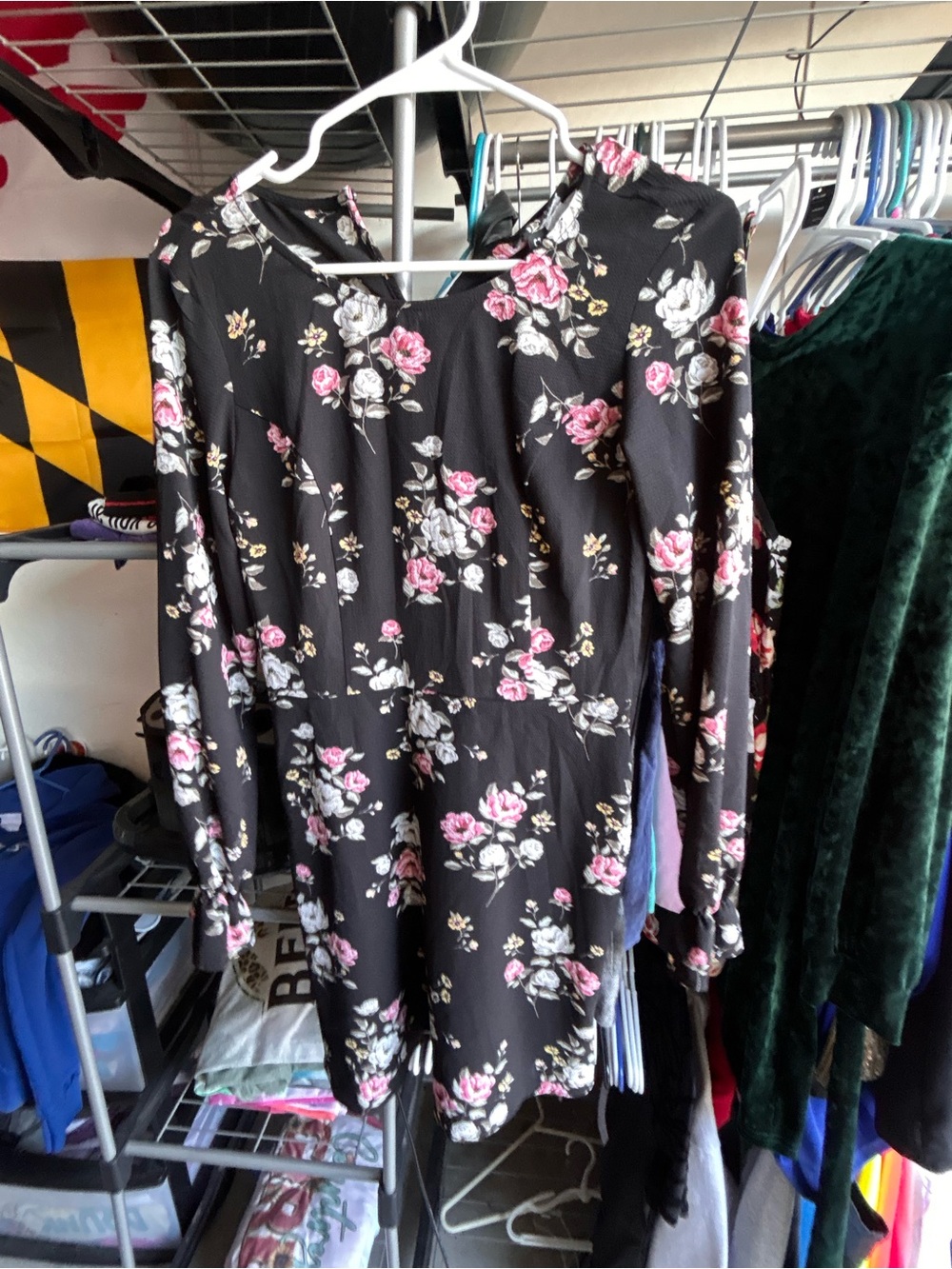 Divided Black Floral Long-Sleeve Dress with Pink and White Roses